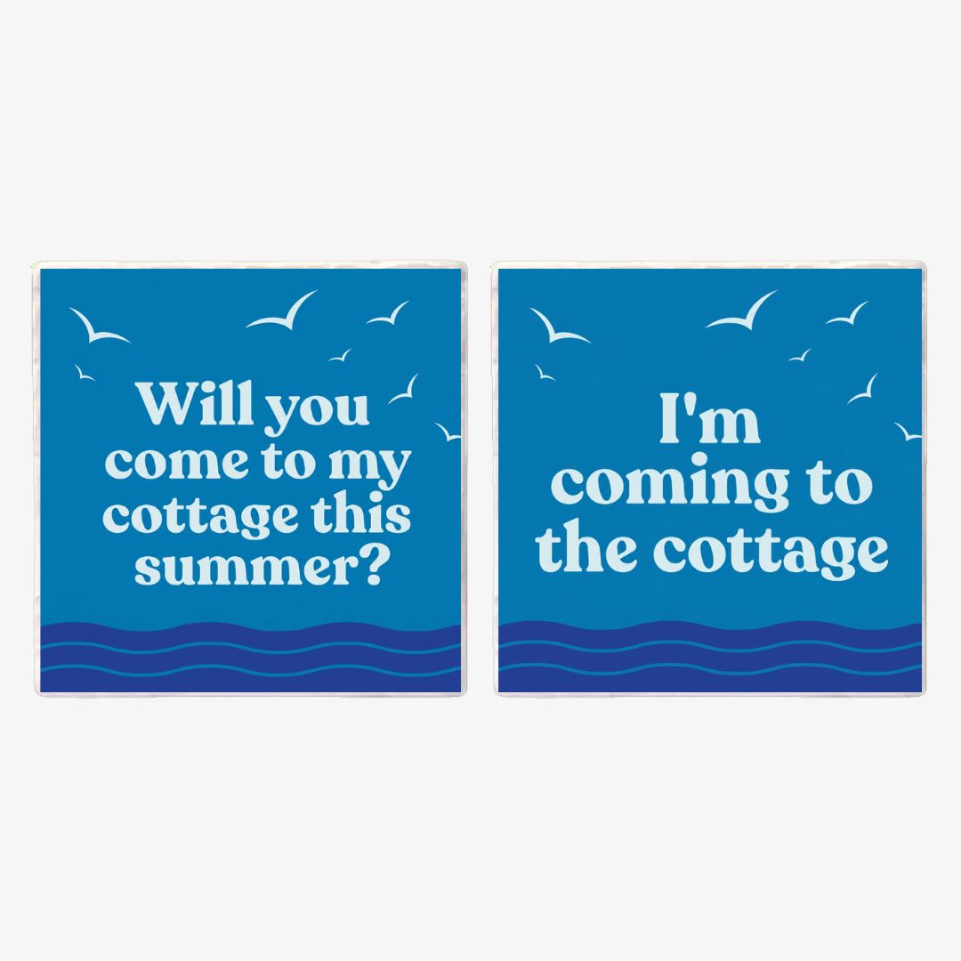 Two square blue sign-style prints with white text and bird/wave graphics, shown side by side on a light gray background. The left reads 'Will you come to my cottage this summer?' and the right reads 'I'm coming to the cottage.