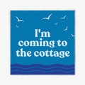 A square decorative sign or print with a blue background, white seagull silhouettes, and the phrase “I'm coming to the cottage” in large white text. The bottom edge includes stylized blue wave lines.