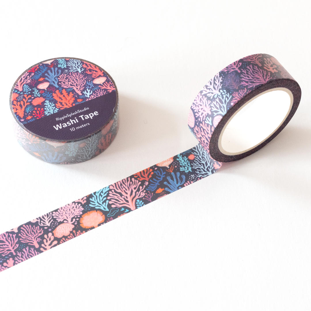 Washi tape with a colorful coral pattern on a white background