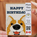 Birthday card with a dog illustration and plantable message on a brown background