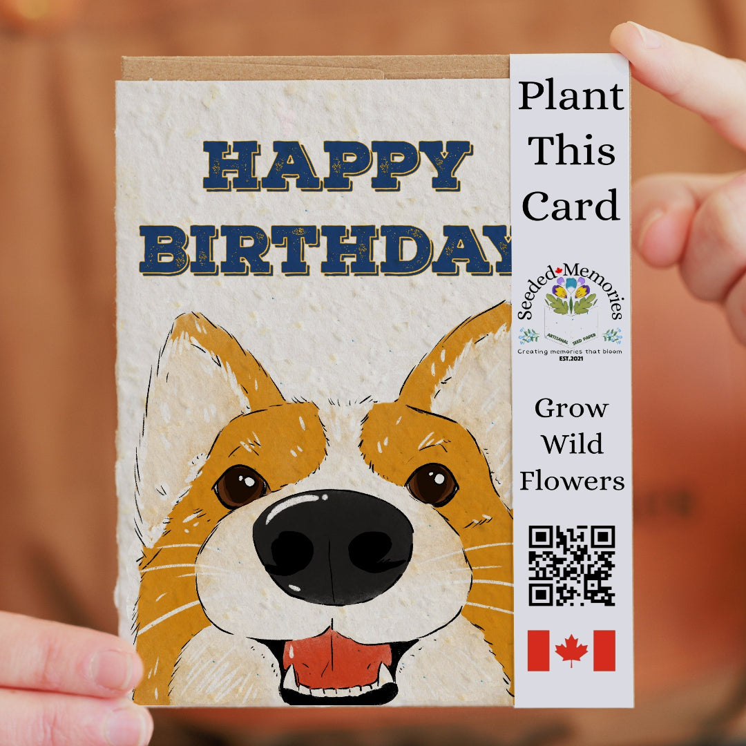 Birthday card with a dog illustration and plantable message on a brown background