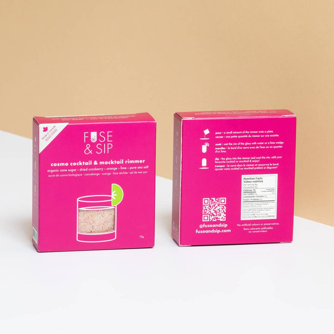 Two pink boxes with text and a QR code on a white surface with a beige background