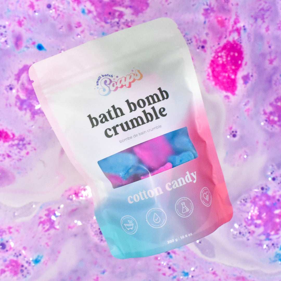 Bath bomb crumble packaging with a colorful, bubbly background