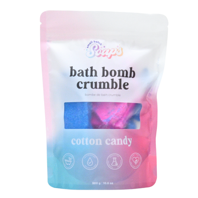Bath bomb crumble packaging with cotton candy flavor on a white background