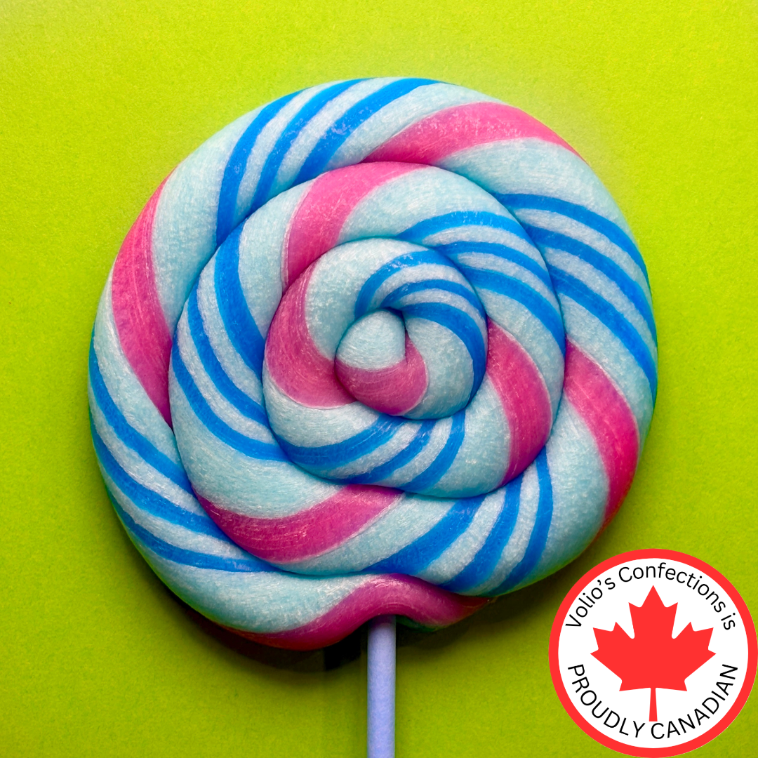 Colorful swirled lollipop on a green background with Volo's Confections logo.
