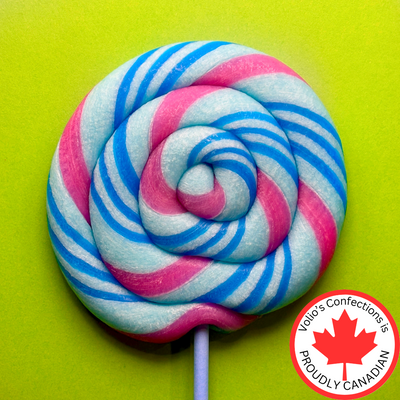 Colorful swirled lollipop on a green background with Volo's Confections logo.