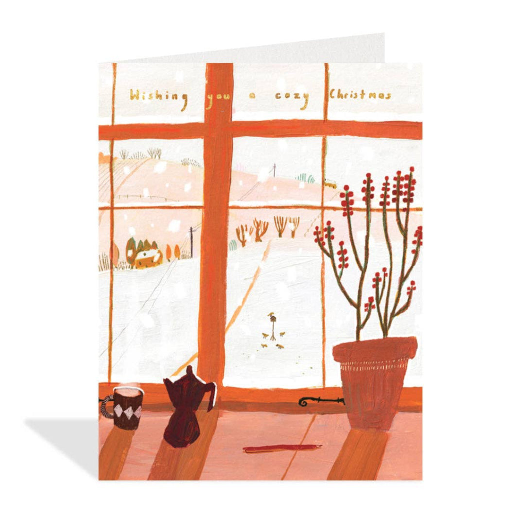 Greeting card with a cozy Christmas scene illustration featuring a window, plants, and a coffee cup.