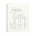 Black line drawing of a house with flowers on a white background