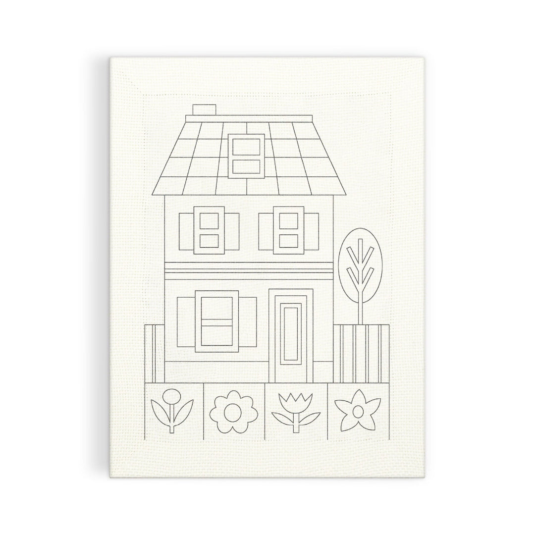 Black line drawing of a house with flowers on a white background