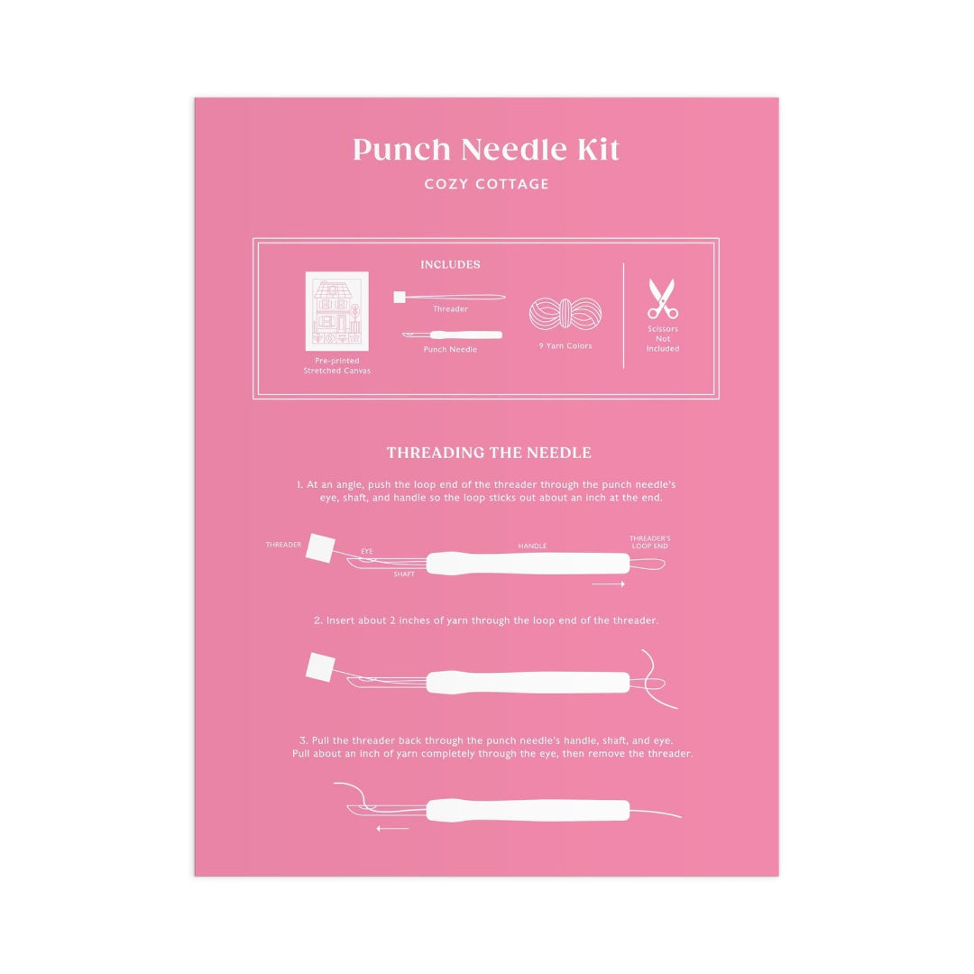 A pink instruction sheet for a 'Punch Needle Kit' by Cozy Cottage, displaying included items and step-by-step threading diagrams in white text and line art.