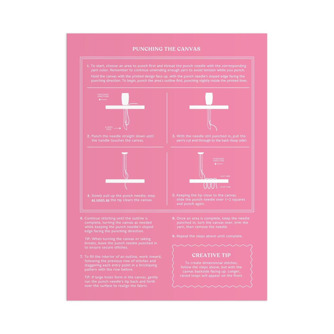 A pink instruction sheet titled 'PUNCHING THE CANVAS' with step-by-step diagrams and text for using a punch needle can, shown on a white background.