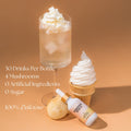 Beverage bottle, ice cream cone, and dessert with text on a warm brown background