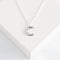 a silver-colored crescent moon pendant on a delicate silver chain.