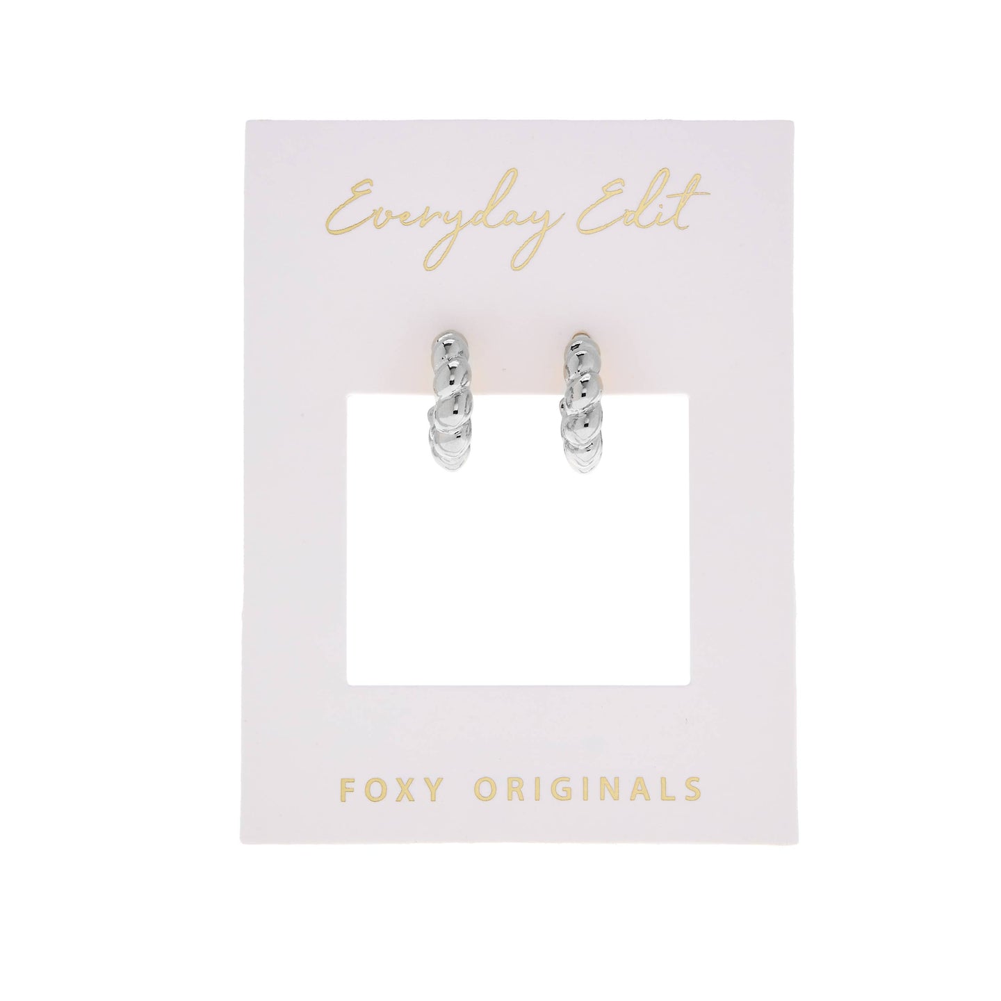 Silver hoop earrings on a 'Everyday Edit' card with 'Foxy Originals' branding.