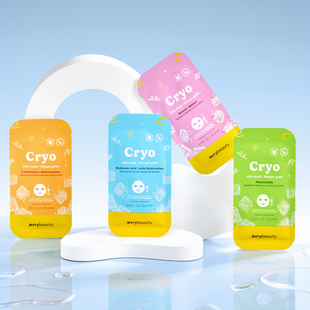 Colorful Cryo face mask packages on a light blue background