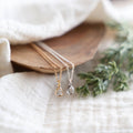 Two gold and silver necklaces on a wooden surface with greenery in the background