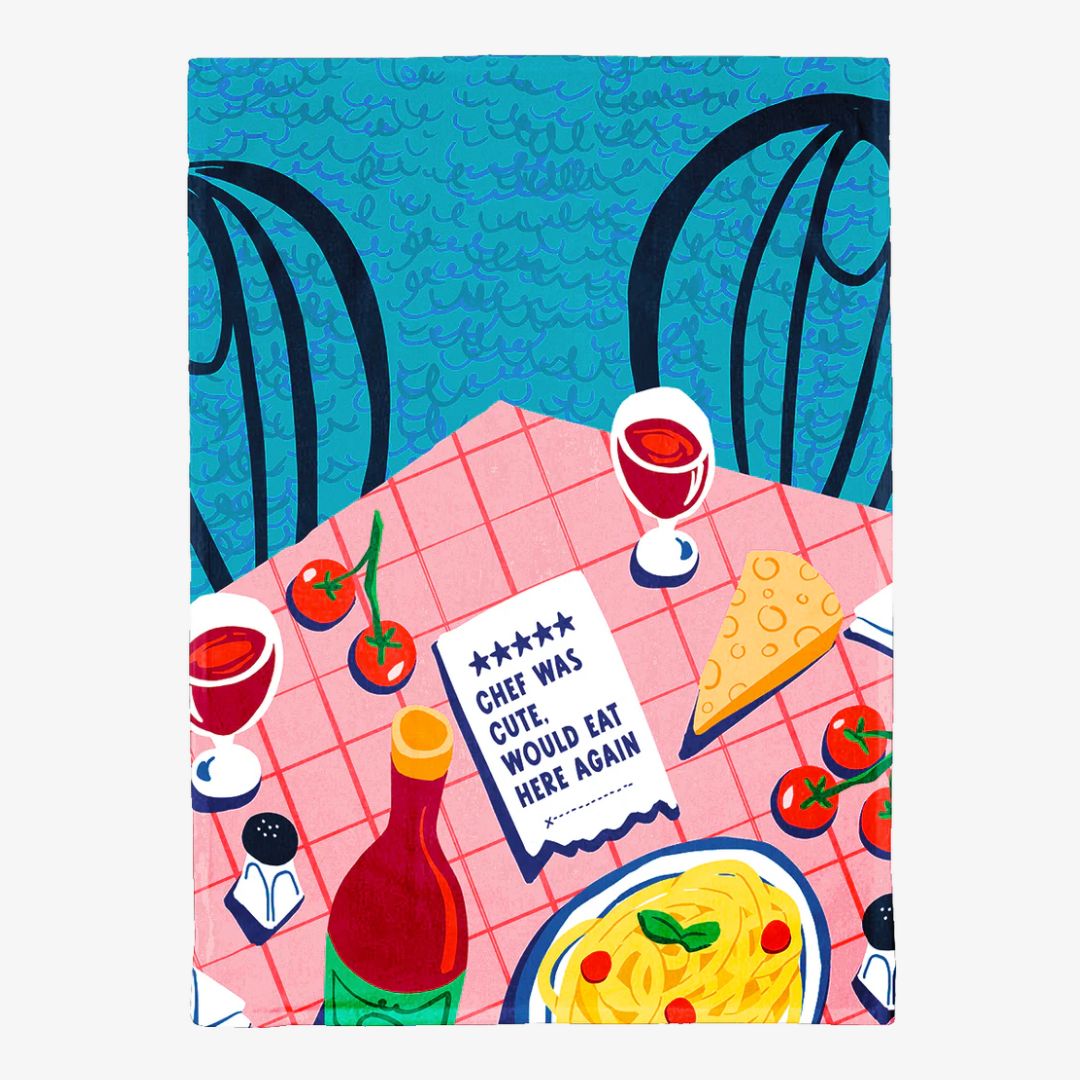 Illustration of a dining scene with food and a sign on a blue background