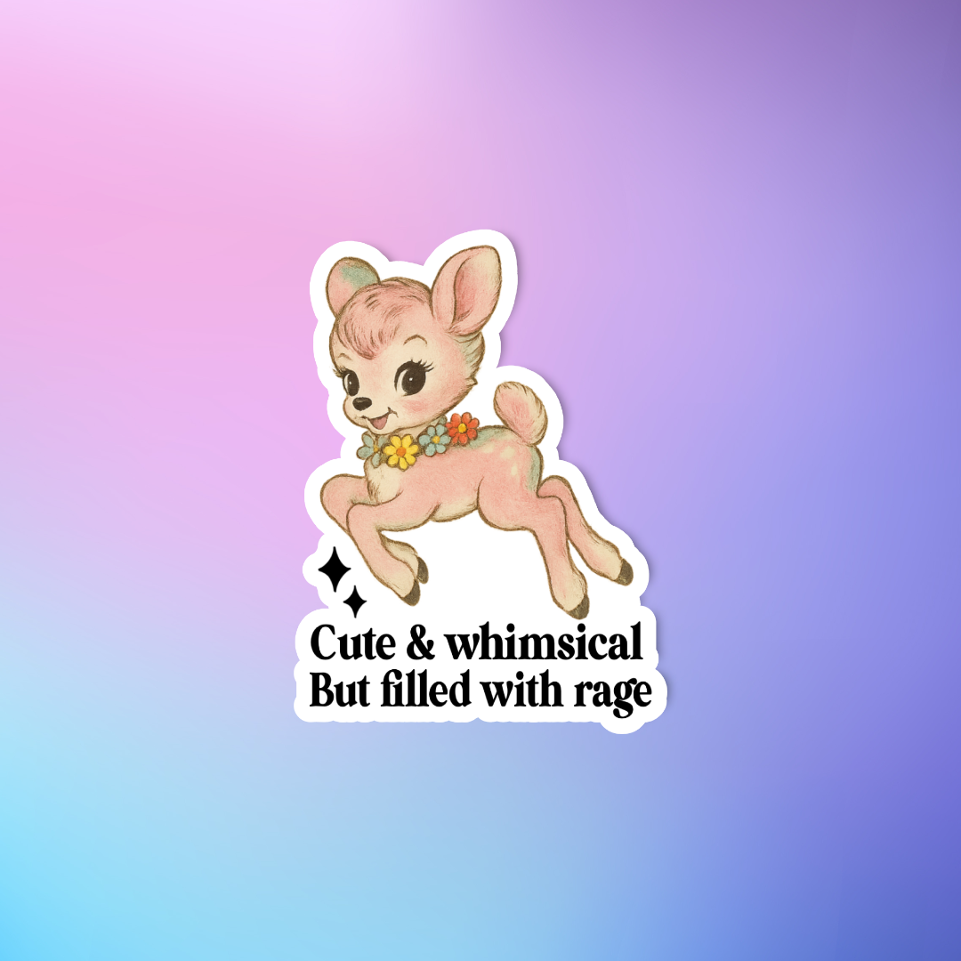 Cartoon deer character with text 'Cute & whimsical But filled with rage' on a gradient background