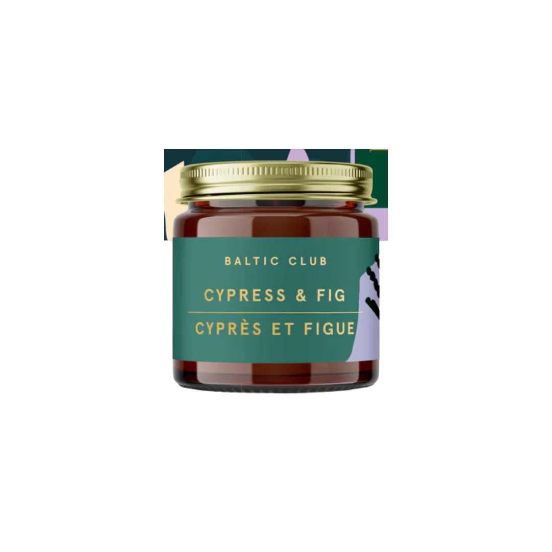 Jar of Baltic Club Cypress & Fig candle on a white background