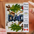 Card with 'DAD' and nature-themed illustrations, featuring a QR code and Canadian flag.