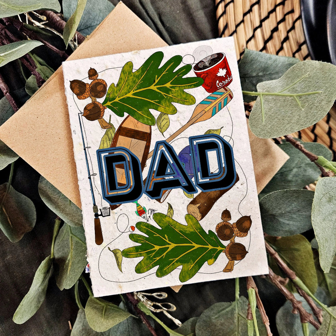 Greeting card with 'DAD' text surrounded by nature-themed illustrations on a leafy background.