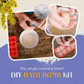 A cardboard box containing a Kiss Naturals Bath Bomb Kit. The box is green and white with the product name and a colorful illustration of bath bombs. It states that the kit is 100% natural, made in Canada, and suitable for ages 6 and up.