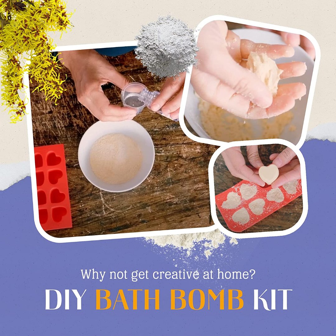 A cardboard box containing a Kiss Naturals Bath Bomb Kit. The box is green and white with the product name and a colorful illustration of bath bombs. It states that the kit is 100% natural, made in Canada, and suitable for ages 6 and up.