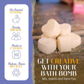 A cardboard box containing a Kiss Naturals Bath Bomb Kit. The box is green and white with the product name and a colorful illustration of bath bombs. It states that the kit is 100% natural, made in Canada, and suitable for ages 6 and up.