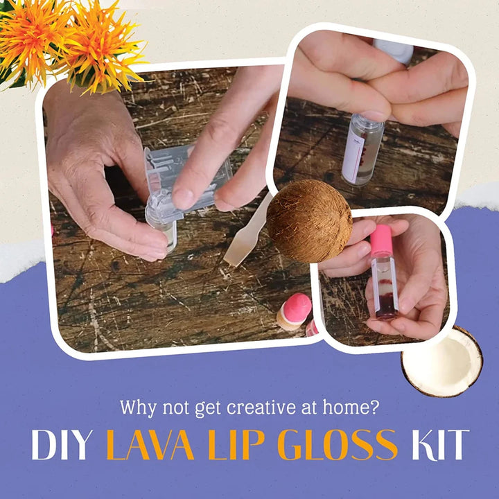A cardboard box containing a Kiss Naturals Lava Lip Gloss Kit. The box is orange and white with the product name and a colorful illustration of a dragon. It states that the kit is 100% natural, made in Canada, and suitable for ages 6 and up.