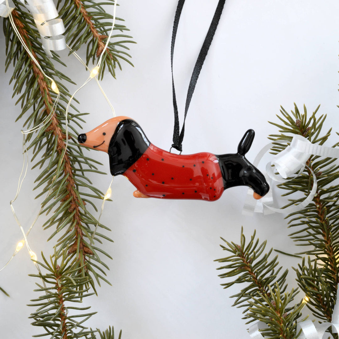A glossy ceramic dachshund Christmas ornament wearing a red sweater with black spots, hanging from a black ribbon against a white background with pine branches and fairy lights.