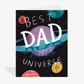 Greeting card with space-themed design and 'Best Dad in the Universe' text