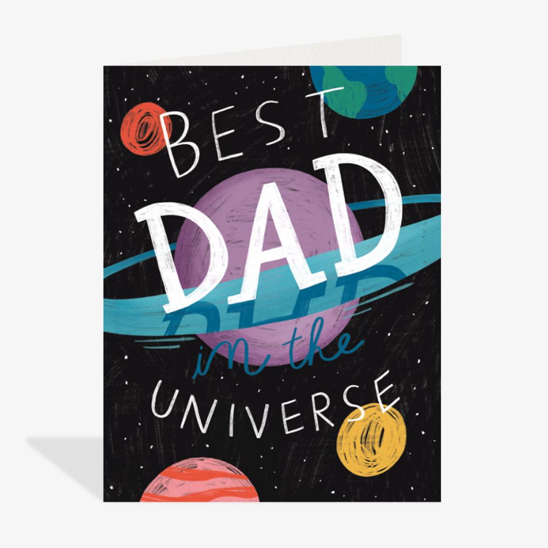 Greeting card with space-themed design and 'Best Dad in the Universe' text
