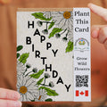 Birthday card with plantable seeds and 'Happy Birthday' text, held by a person.