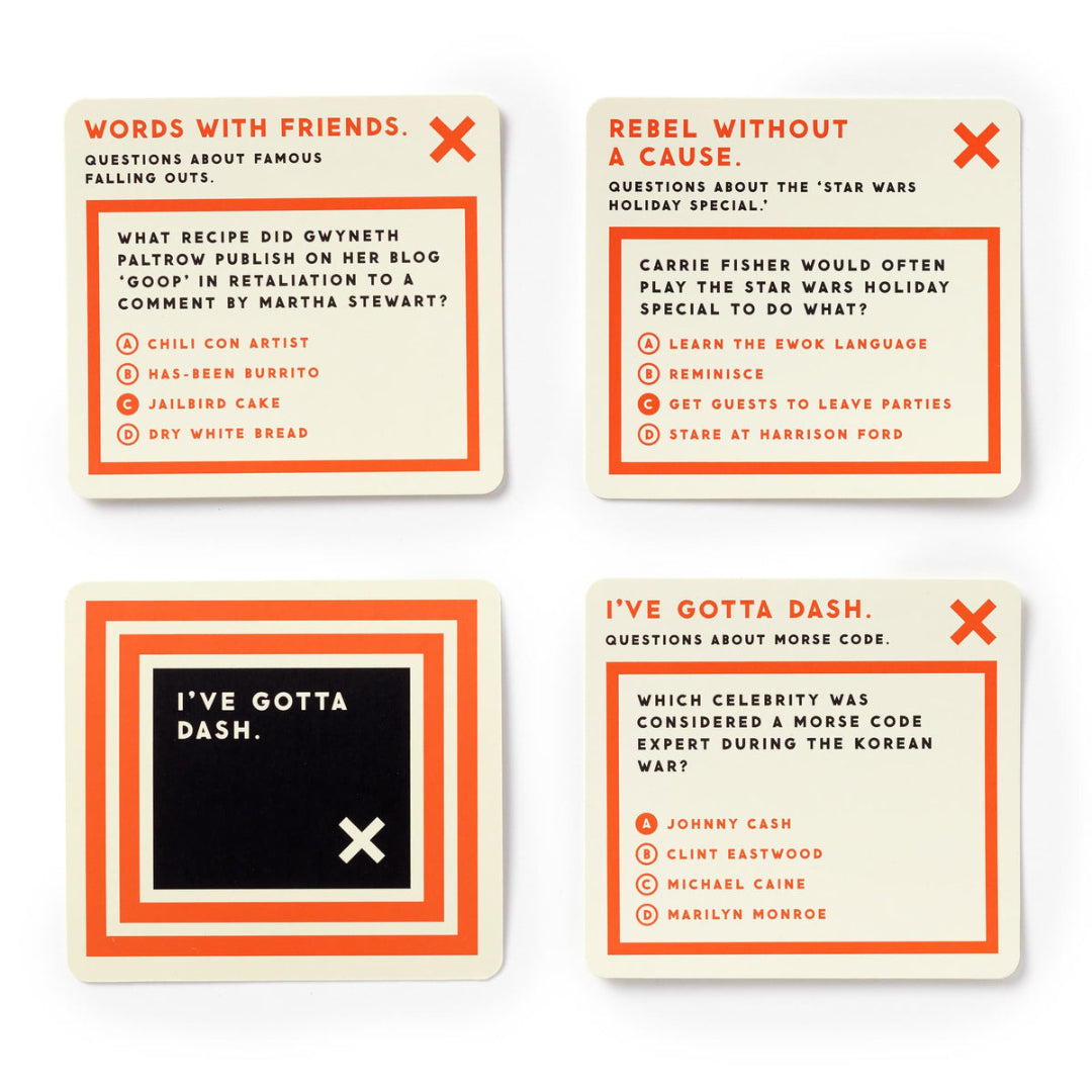 Four card questions from a game with text and design elements.