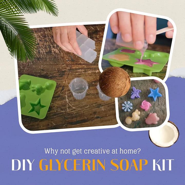 A cardboard box containing a Kiss Naturals Glycerin Soap Kit. The box is blue and white with the product name and a colorful illustration of penguins. It states that the kit is 100% natural, made in Canada, and suitable for ages 6 and up.