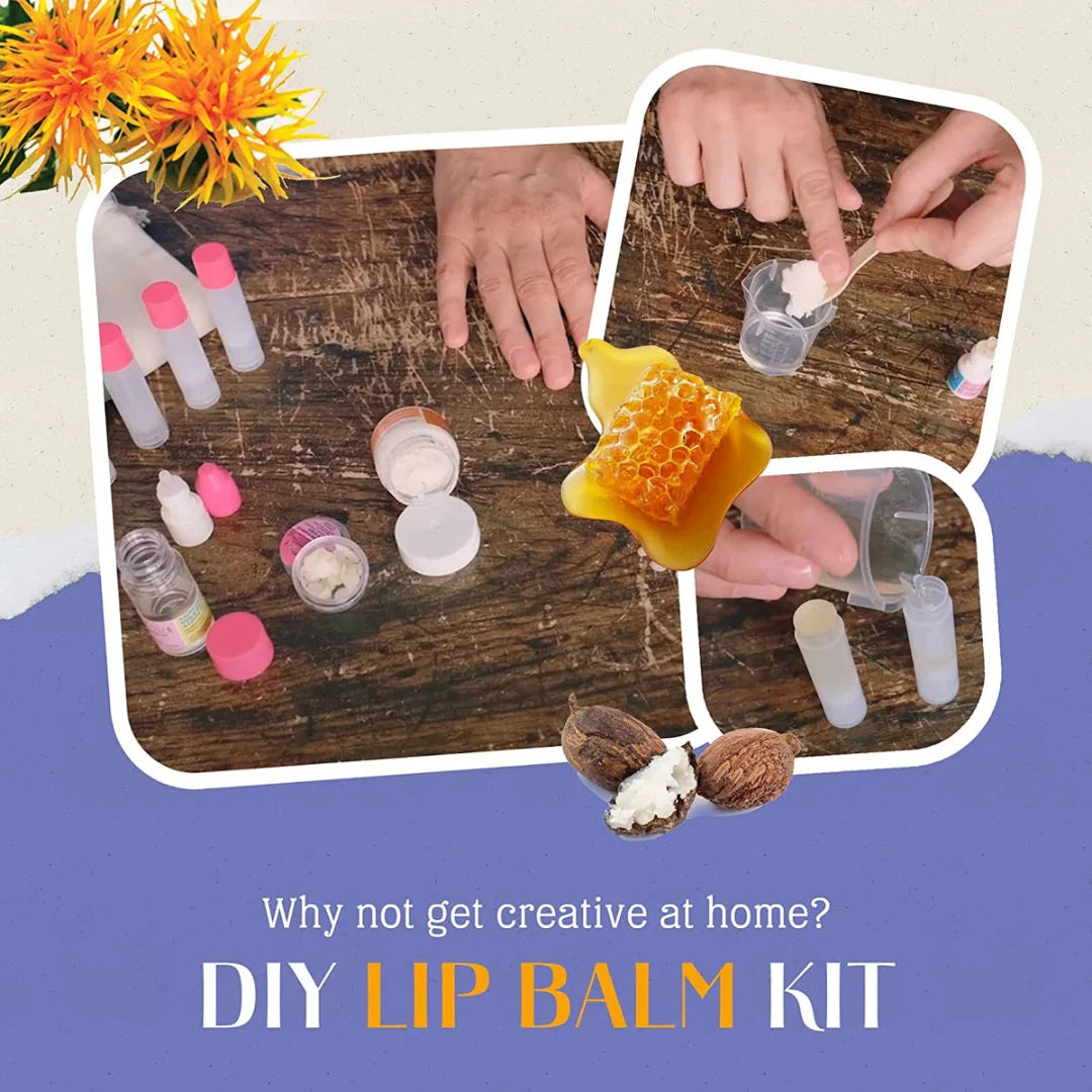 A cardboard box containing a Kiss Naturals Lip Balm Kit. The box is yellow and white with the product name and a colorful illustration of bees. It states that the kit is 100% natural, made in Canada, and suitable for ages 6 and up.