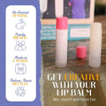 A cardboard box containing a Kiss Naturals Lip Balm Kit. The box is yellow and white with the product name and a colorful illustration of bees. It states that the kit is 100% natural, made in Canada, and suitable for ages 6 and up.