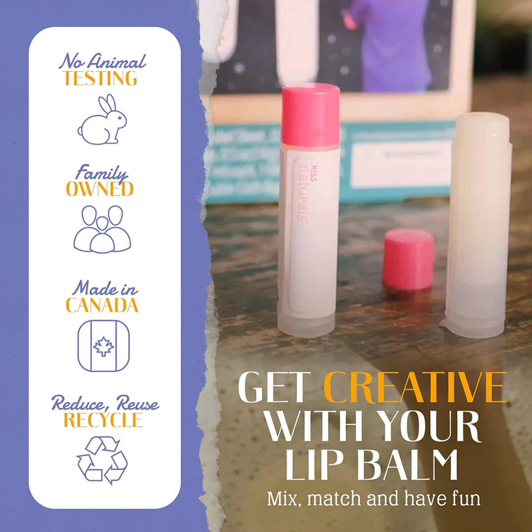 A cardboard box containing a Kiss Naturals Lip Balm Kit. The box is yellow and white with the product name and a colorful illustration of bees. It states that the kit is 100% natural, made in Canada, and suitable for ages 6 and up.