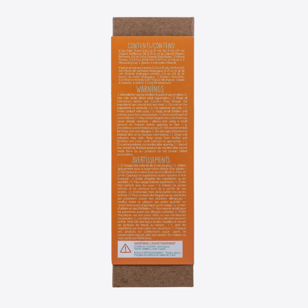 A cardboard box containing a Kiss Naturals Lip Balm Kit. The box is yellow and white with the product name and a colorful illustration of bees. It states that the kit is 100% natural, made in Canada, and suitable for ages 6 and up.