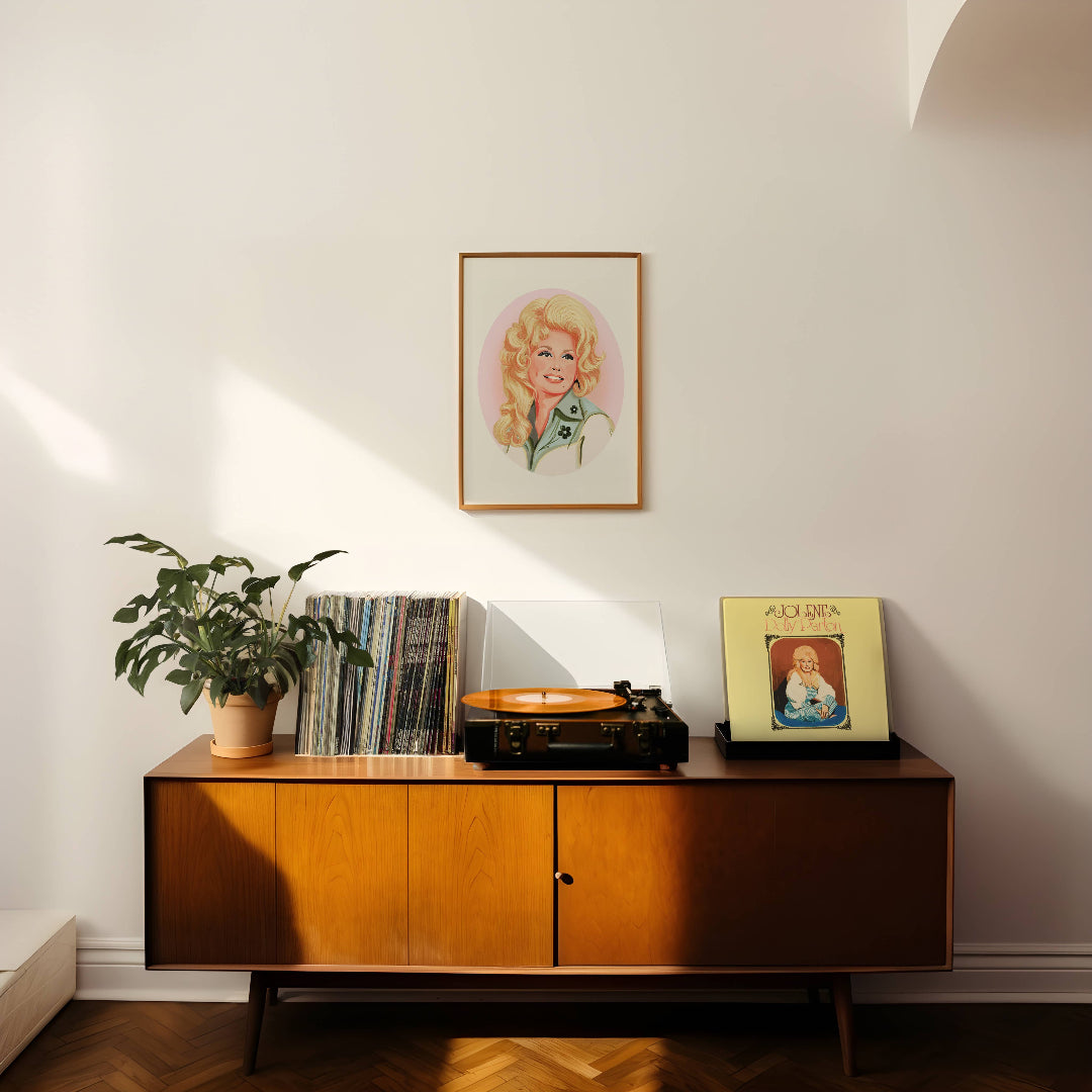 Wooden sideboard with vinyl records, a plant, and a framed picture on a white wall.