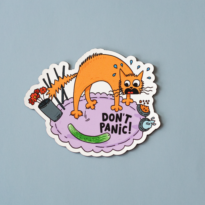 A cartoon illustration of a panicked orange cat surrounded by everyday objects like a vase, incense sticks, a cucumber, and a hairbrush. The text 
