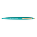 Turquoise pen with gold accents on a white background