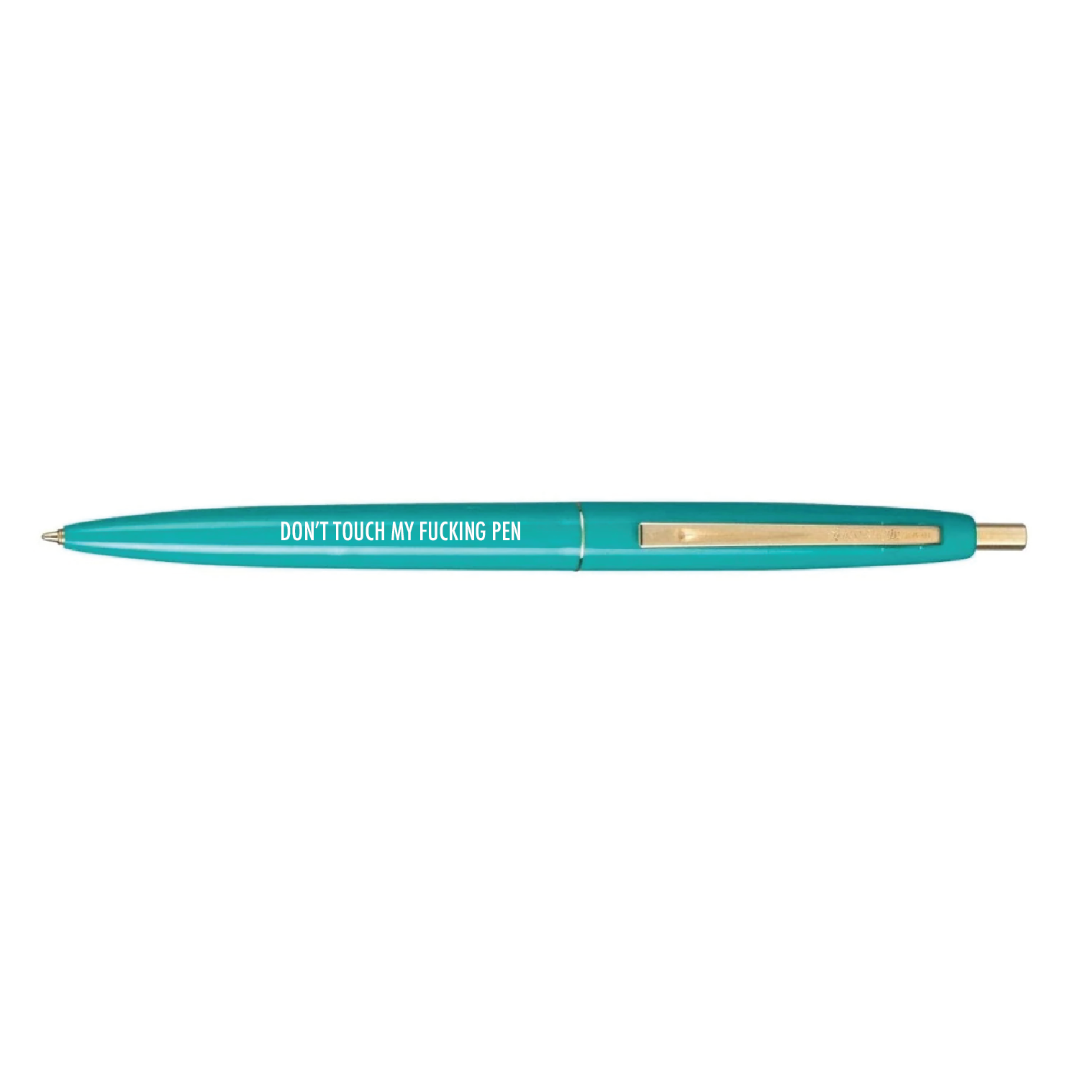 Turquoise pen with gold accents on a white background