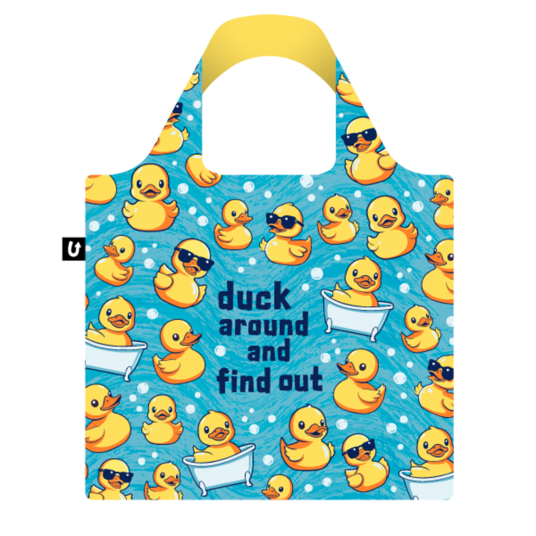 Reusable tote bag with rubber duck pattern and text on a blue background