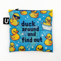 Reusable shopping bag with rubber duck design and text on a blue background