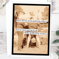 A birthday card with a vintage sepia-toned photo of three men, one doing a handstand. Text on the card reads: "Don't worry about getting older. You're still going to do dumb stuff, only slower."