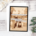 A birthday card with a vintage sepia-toned photo of three men, one doing a handstand. Text on the card reads: "Don't worry about getting older. You're still going to do dumb stuff, only slower."