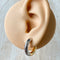 Two-tone chunky hoop huggie earrings (gold and silver) by agaveh girl, displayed on a branded card with the text 'agaveh girl,' against a textured background. The earrings are 4mm thick, made of stainless steel, and are sold in Ottawa, Ontario, Canada