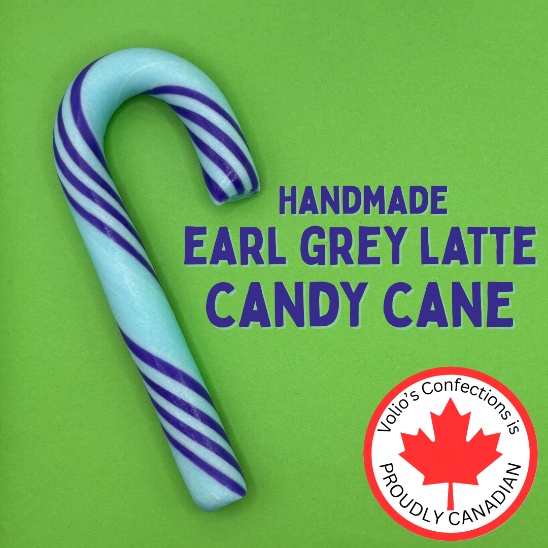 Handmade Earl Grey Latte candy cane with Volio's Confections logo on a green background