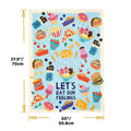 Tea towel with food illustrations and text 'Let's eat our feelings' on a blue background, with dimensions displayed.